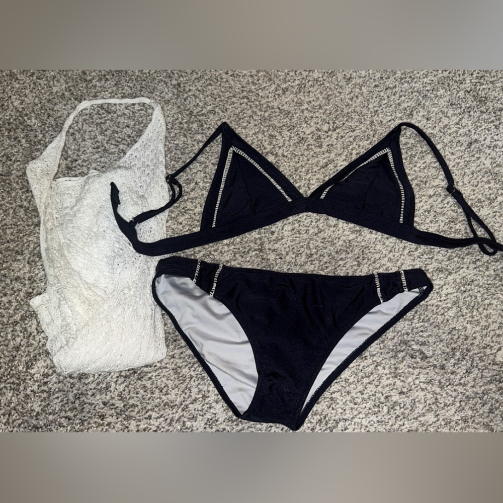 SHEIN White and Blue Bikini Set Swimwear